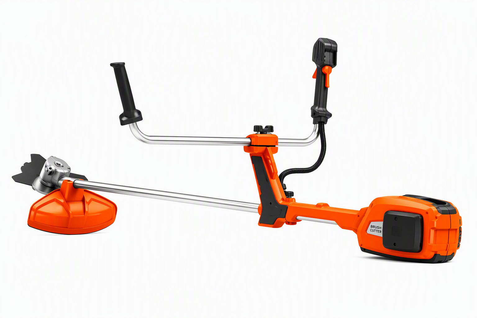 Orange electric brush cutter with metal shaft and black handles on a white background.