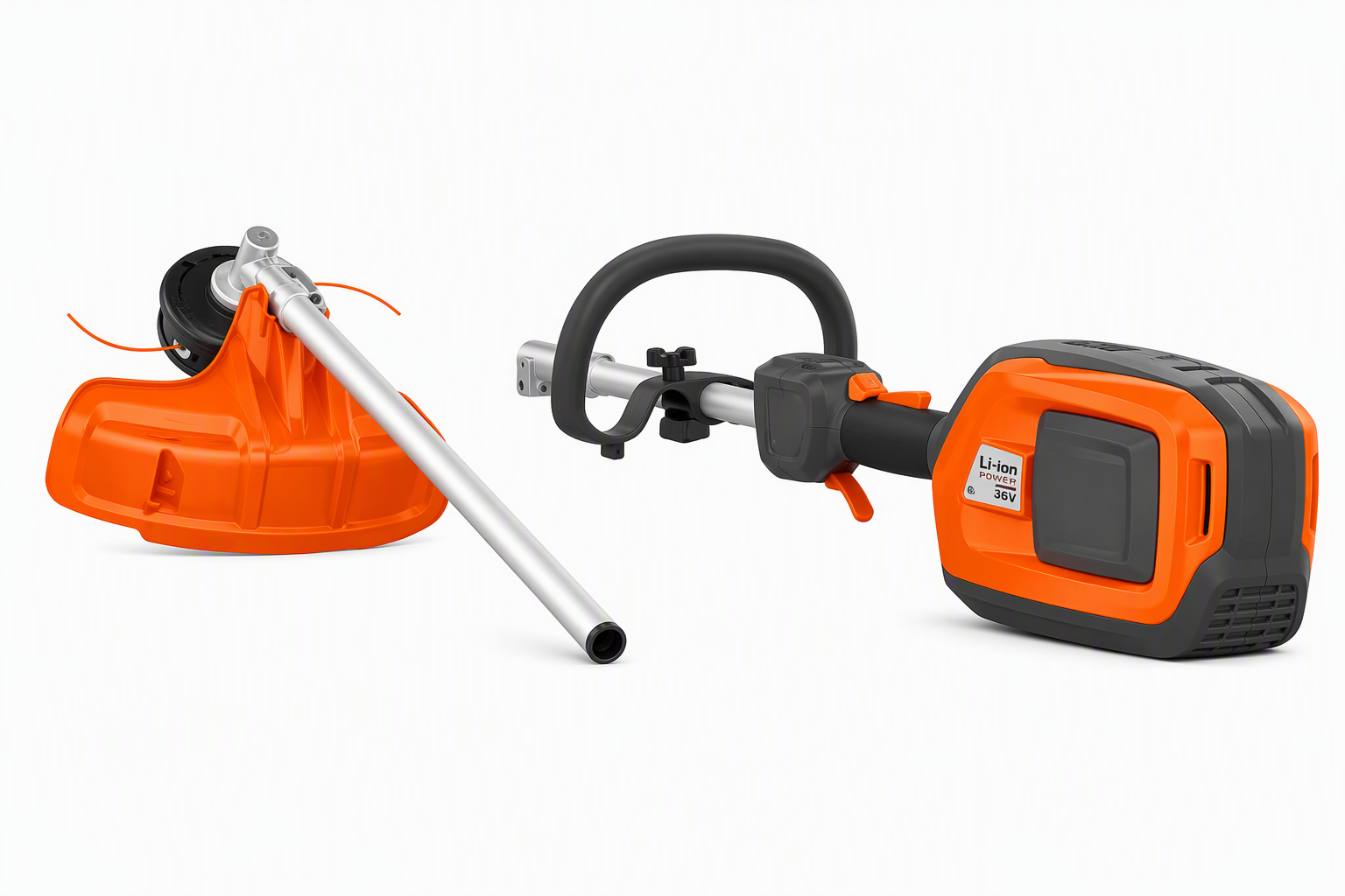 Orange and black 36V lithium-ion cordless electric grass trimmer with handle and guard.