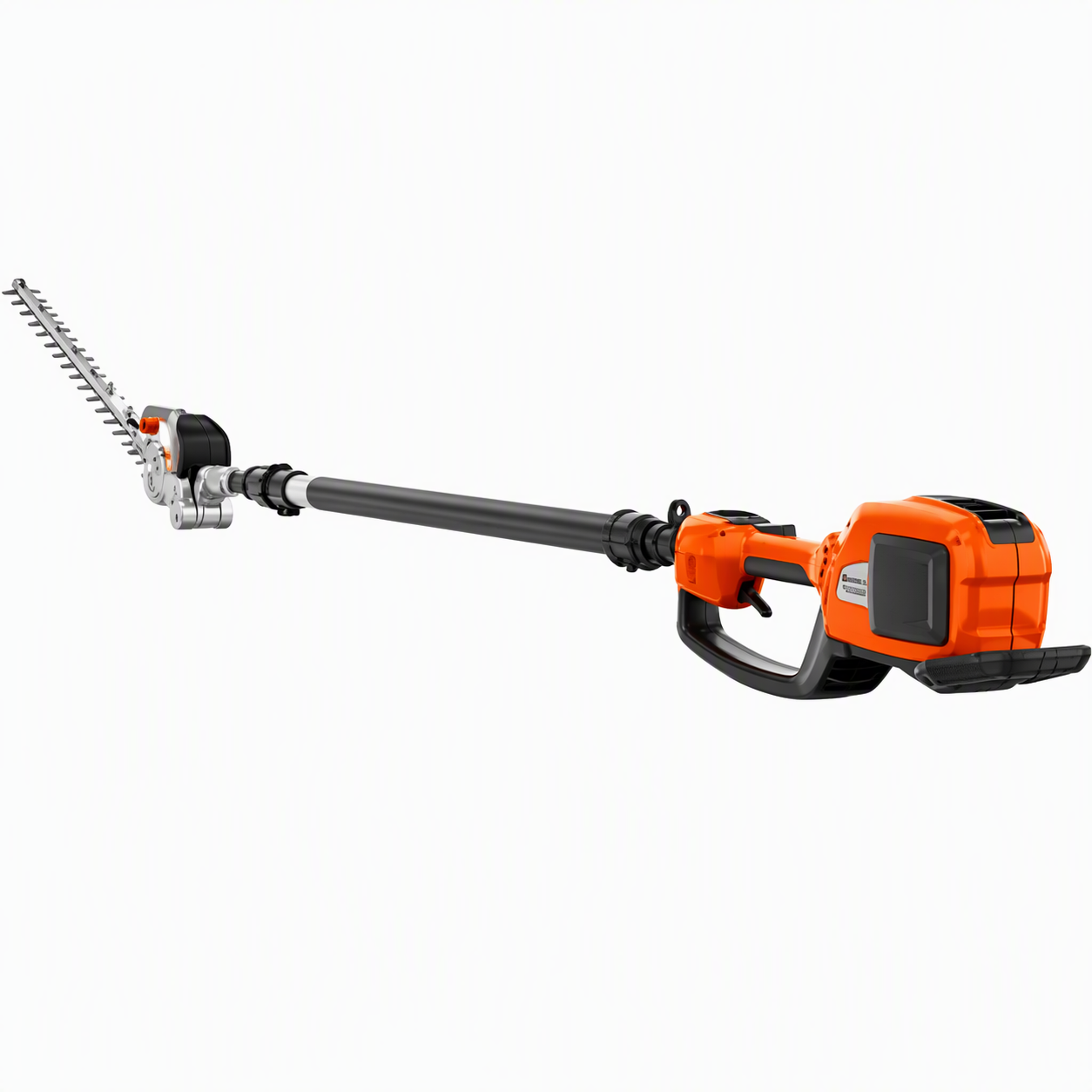 Orange and black electric pole hedge trimmer with long extendable shaft and cutting blades.