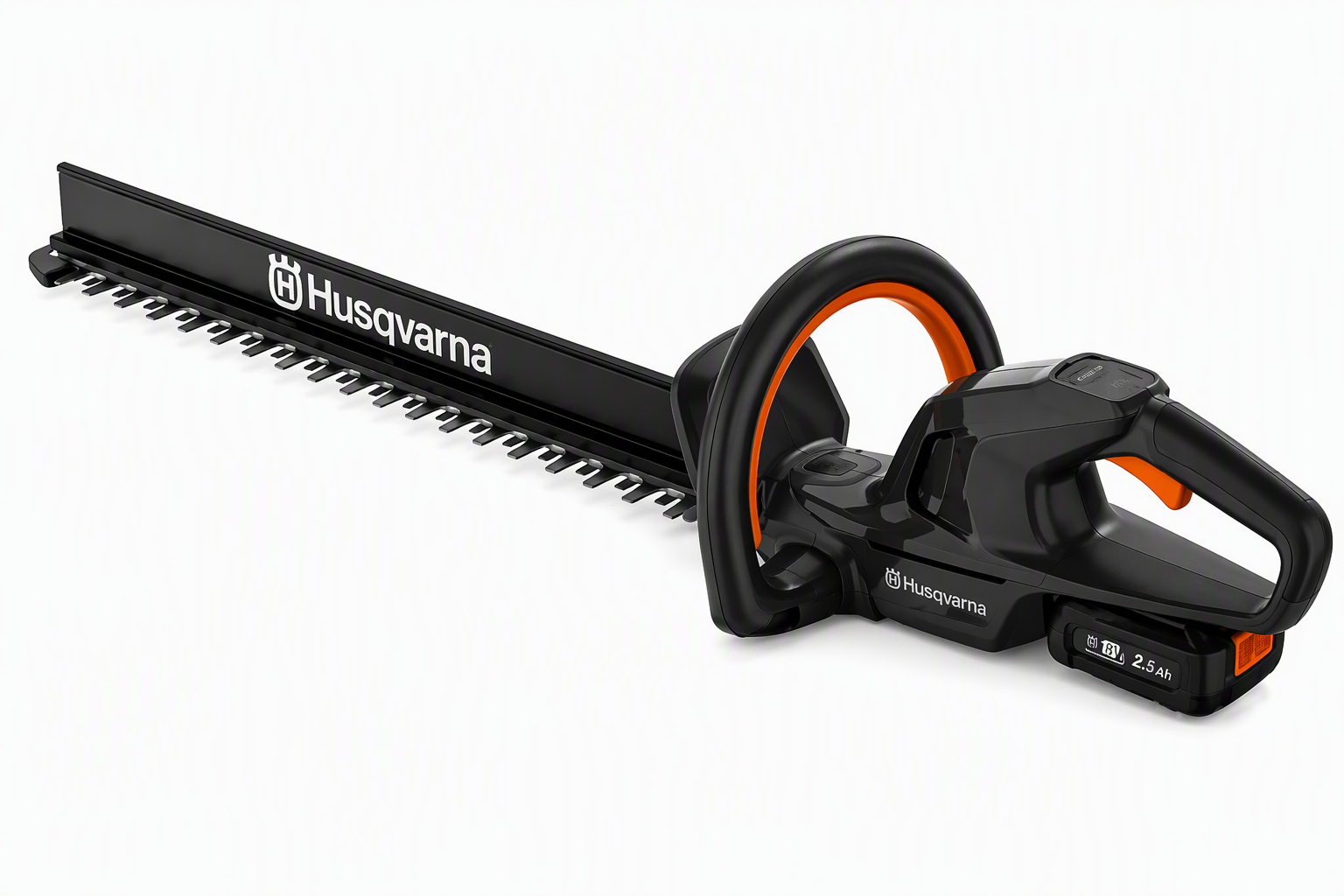 Black Husqvarna electric hedge trimmer with orange accents and 2.5 Ah battery on white background.