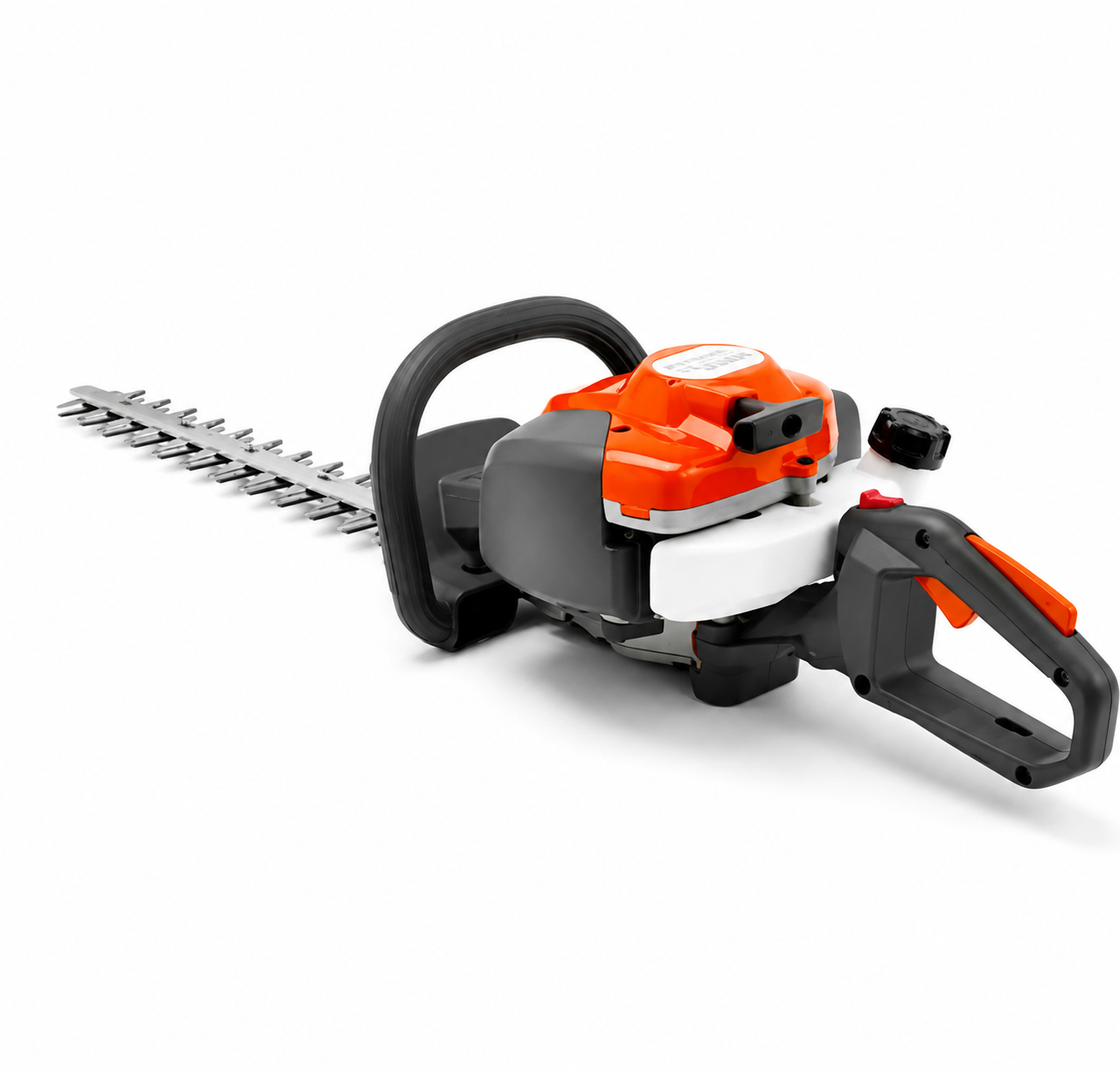 Orange and black petrol hedge trimmer with long serrated blades and front handles.
