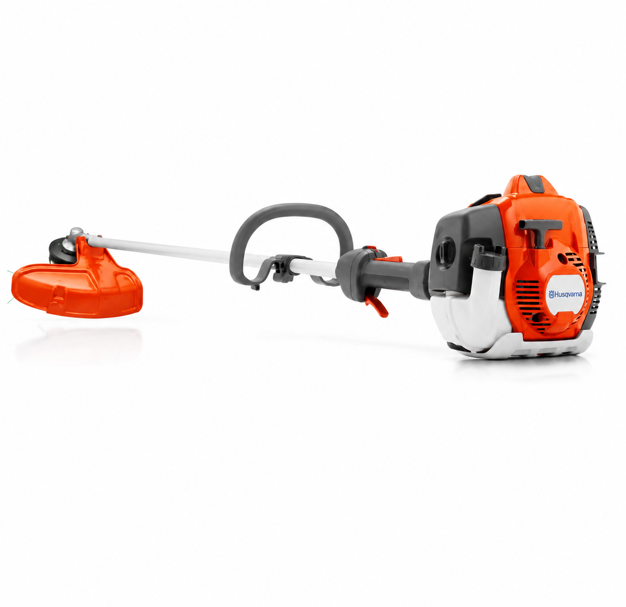 Orange and white Husqvarna petrol grass trimmer with black handle and protective guard.
