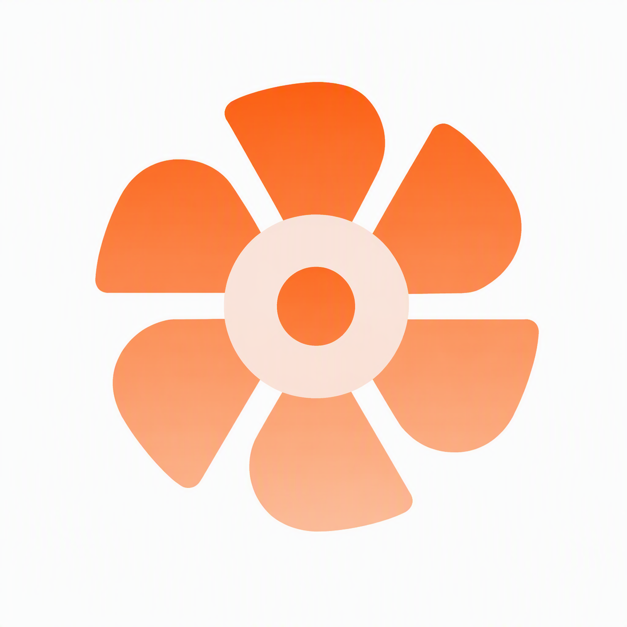 Abstract orange flower with six rounded petals and a double circle center on white background.