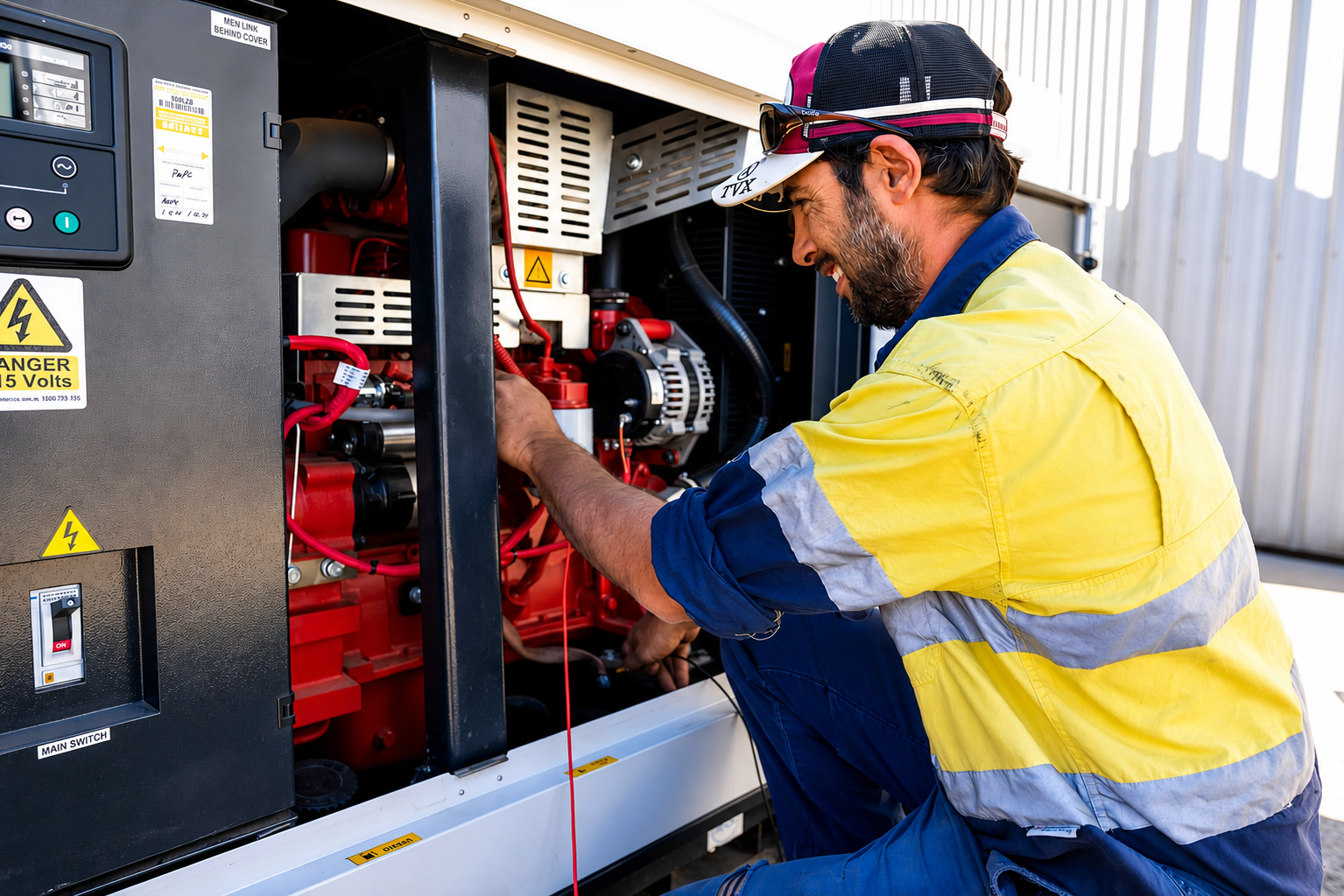 Male technician in high-visibility shirt repairing industrial generator outdoors.