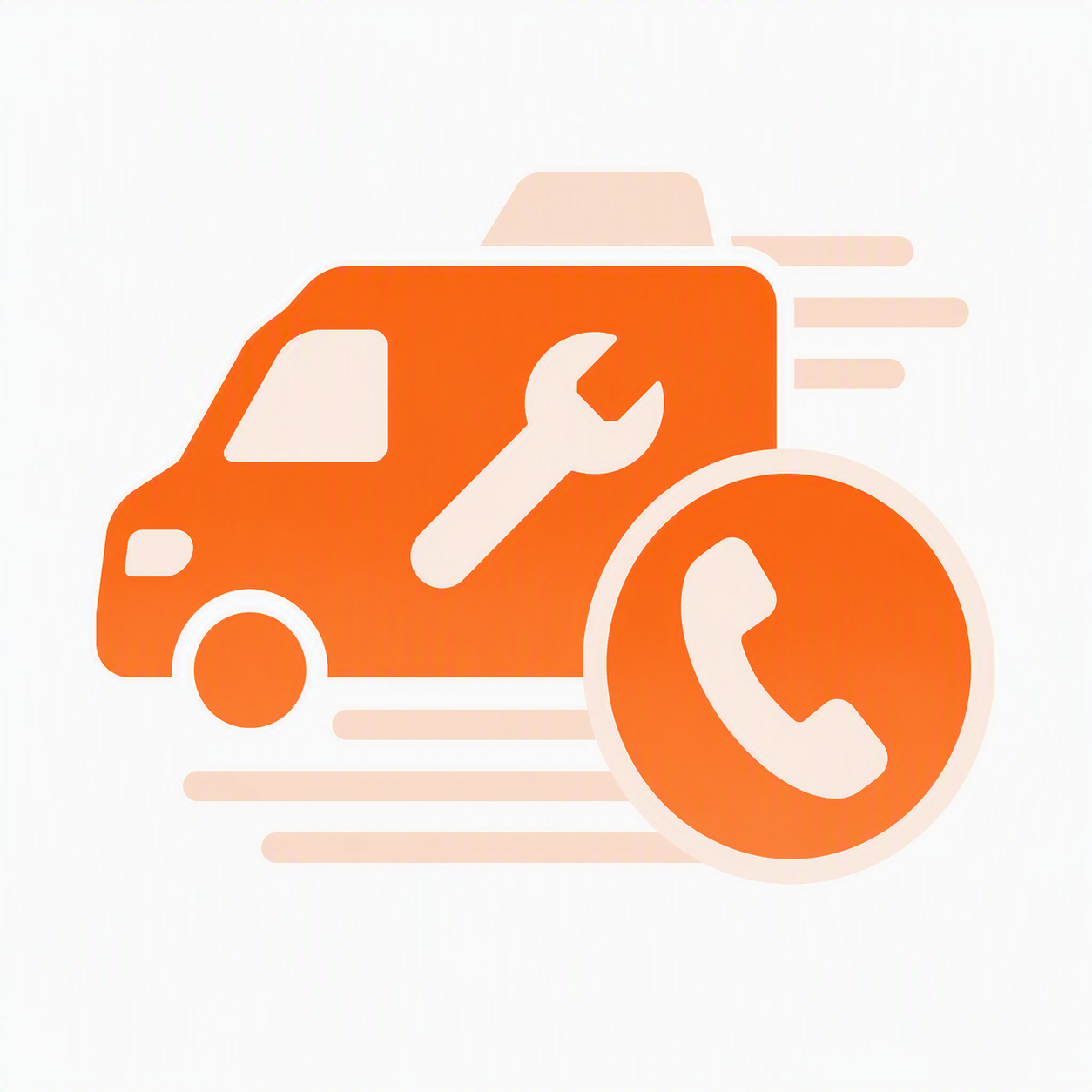 Orange service van with wrench icon and phone symbol indicating repair and call-out service.