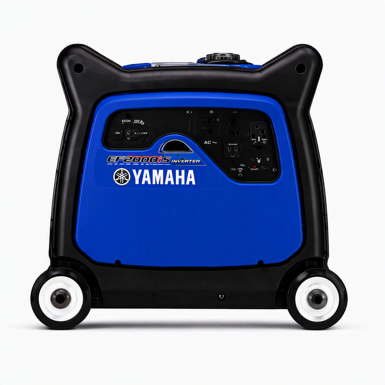 Blue Yamaha EF2000iS portable inverter generator with black frame and white wheels.