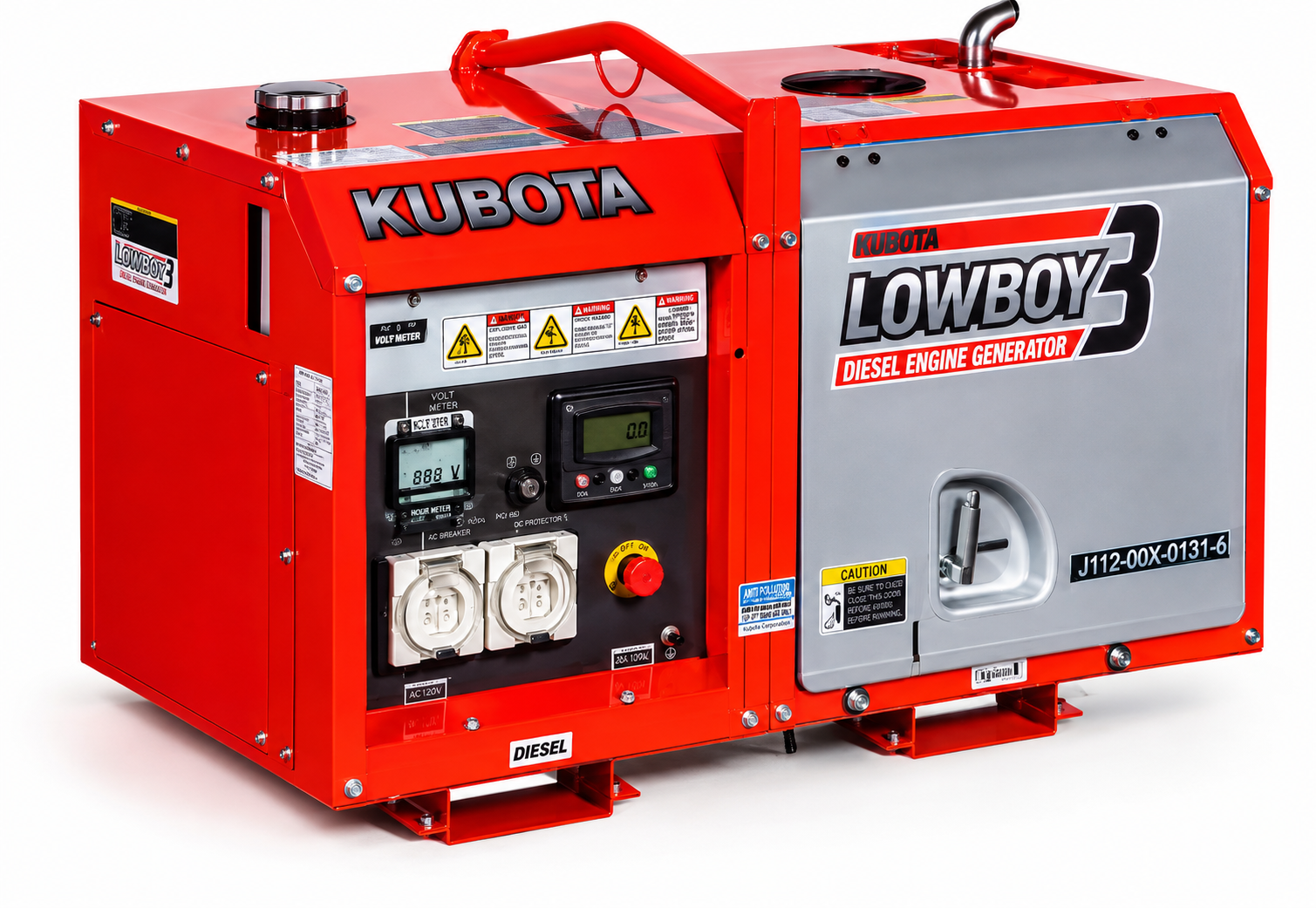 Red Kubota Lowboy 3 diesel engine generator with control panel and outlets on a white background.