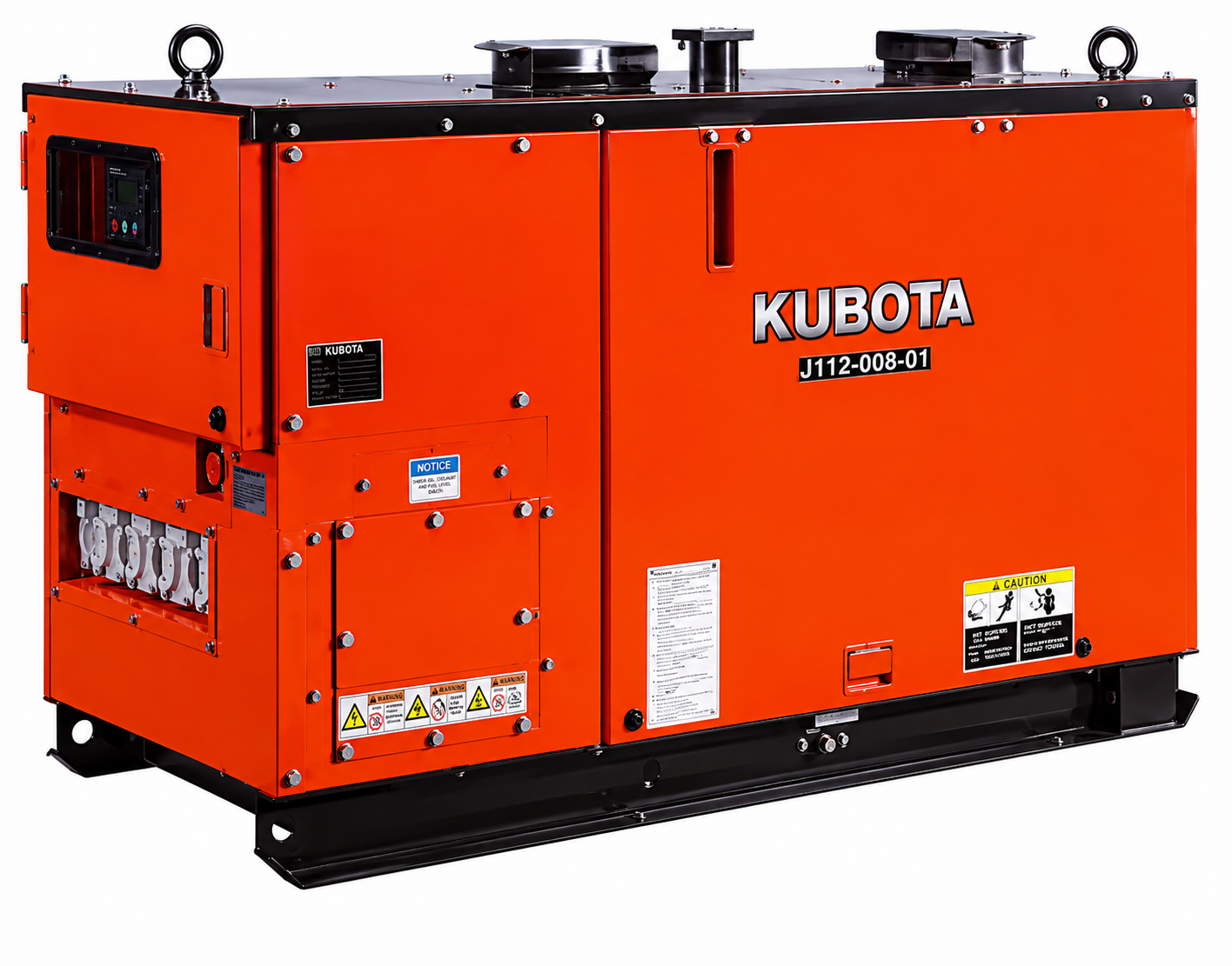 Large orange Kubota generator set with control panel, multiple warning labels, and power outlets.