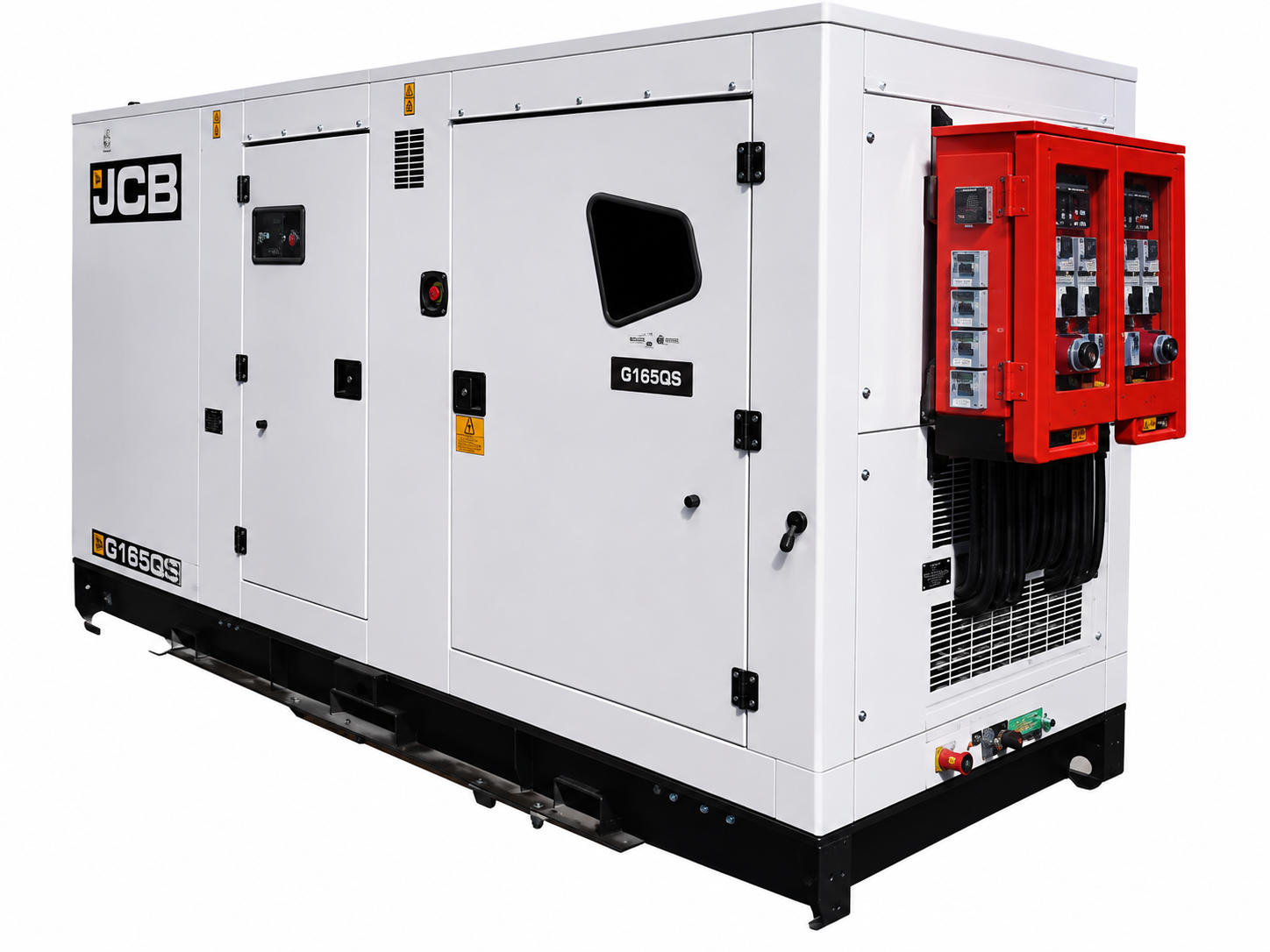 White industrial generator set with JCB logo and red control panels on one side.