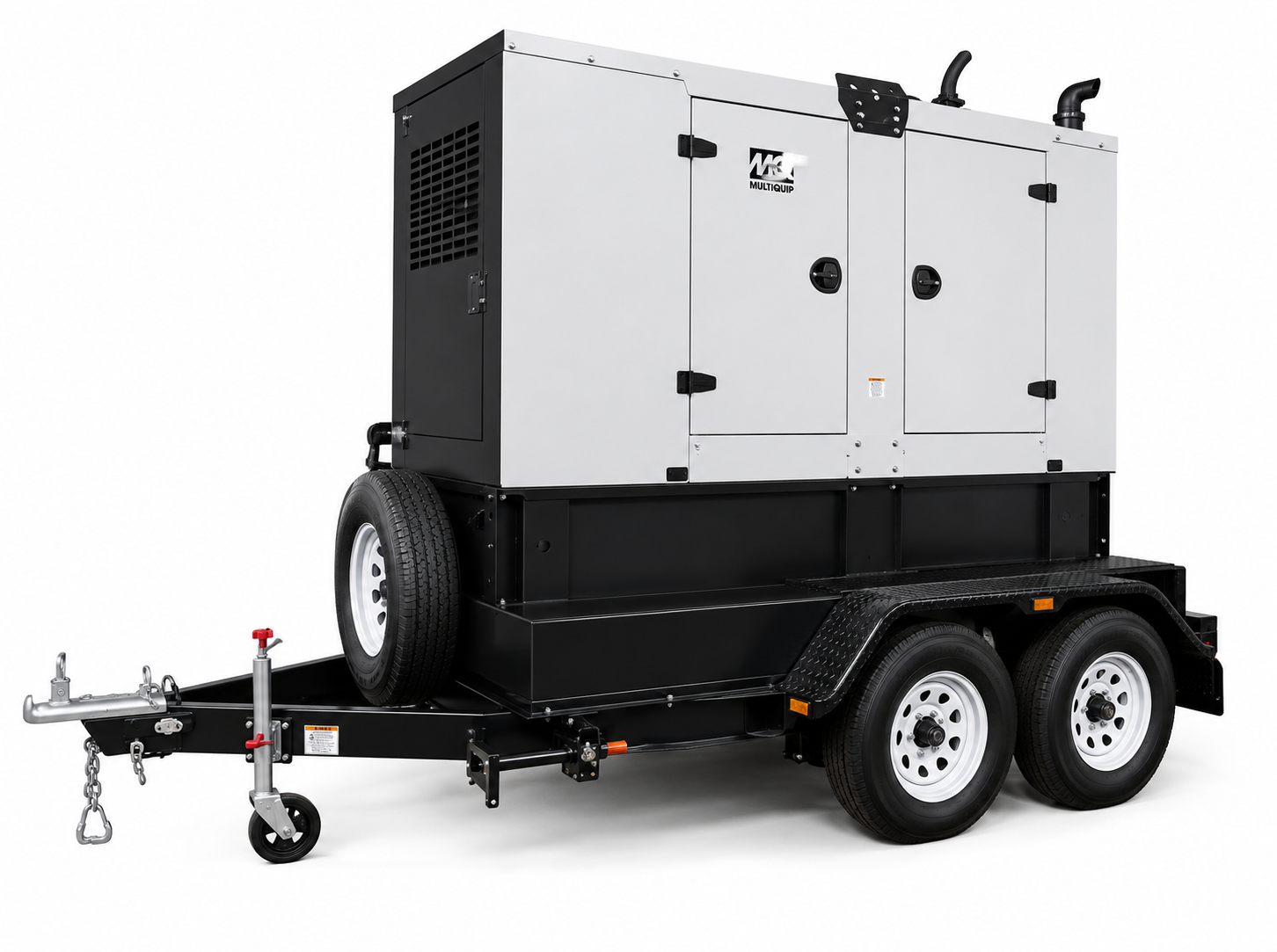 Trailer-mounted portable generator with two wheels, spare tire, and MG Multiquip logo.