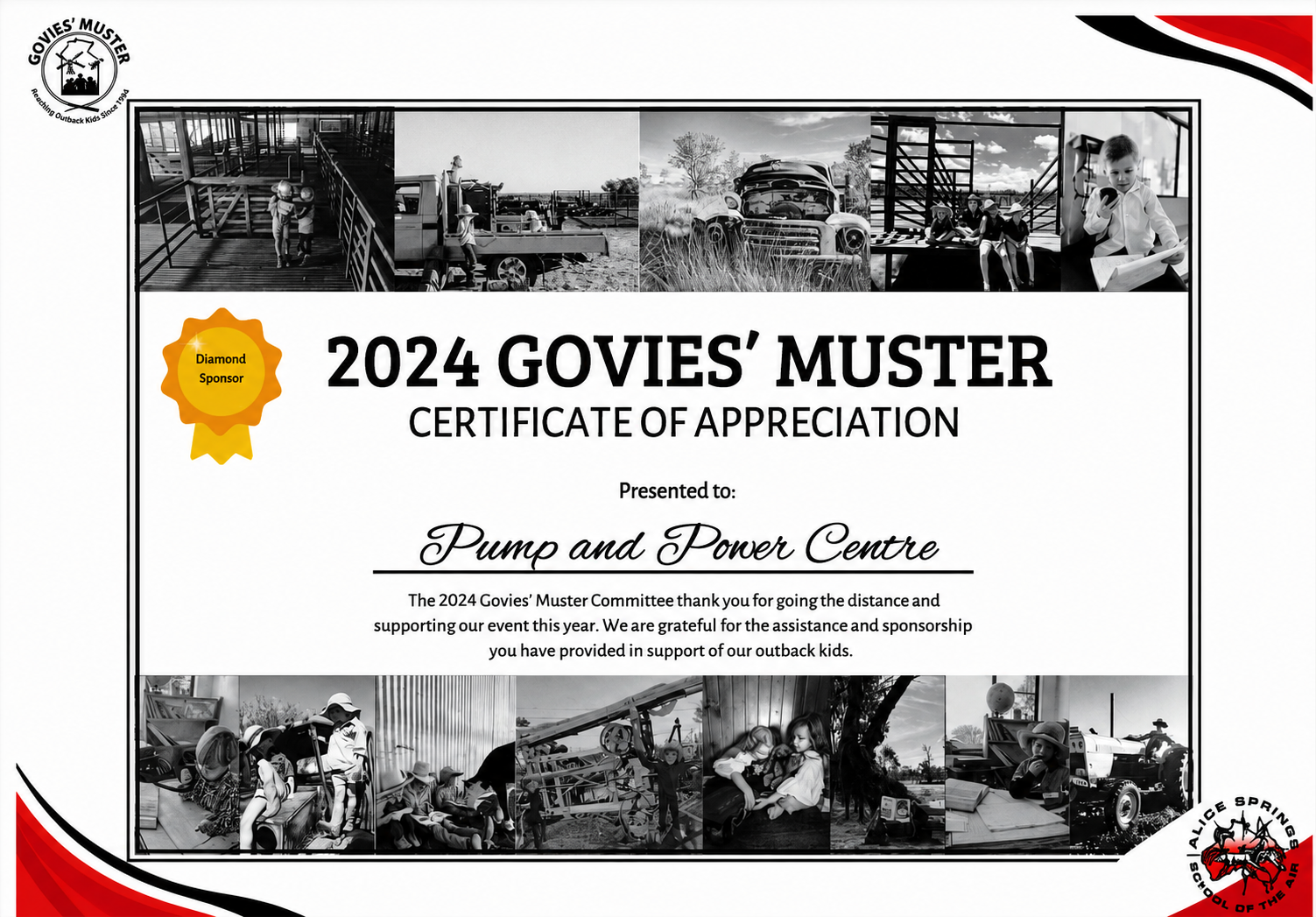 2024 Govies' Muster certificate thanking Pump and Power Centre for sponsoring outback kids.