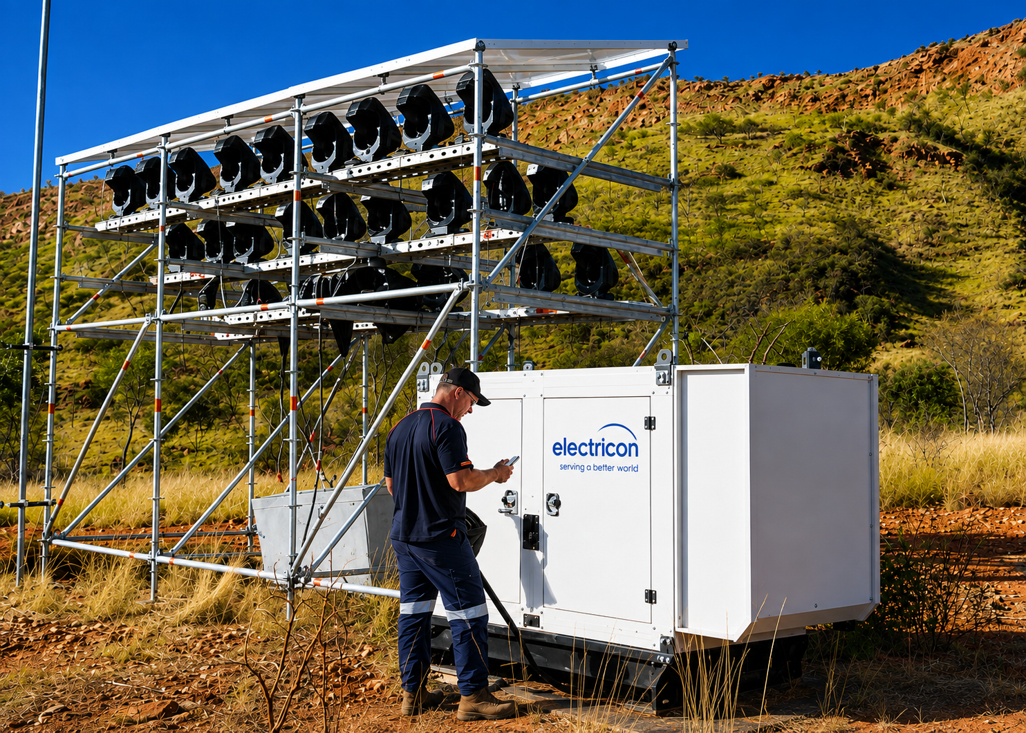 Technician checks device near Electricon generator with mounted fans in a dry, rocky outdoor setting.