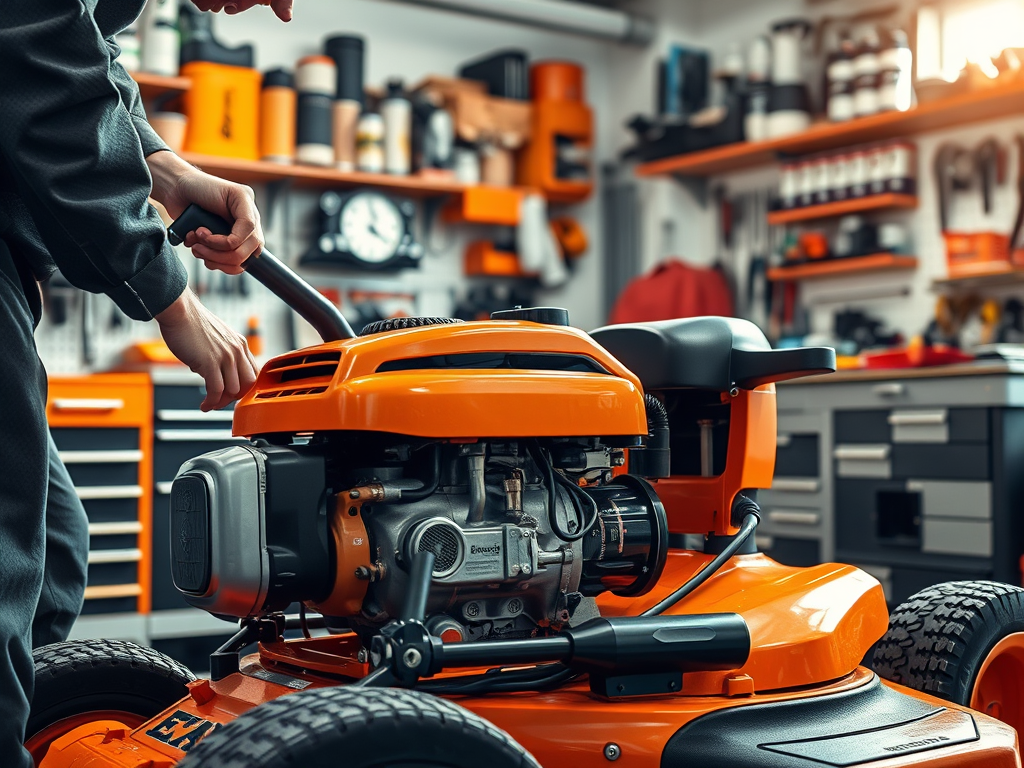 Close-up of person starting an orange lawn mower in a well-equipped workshop.