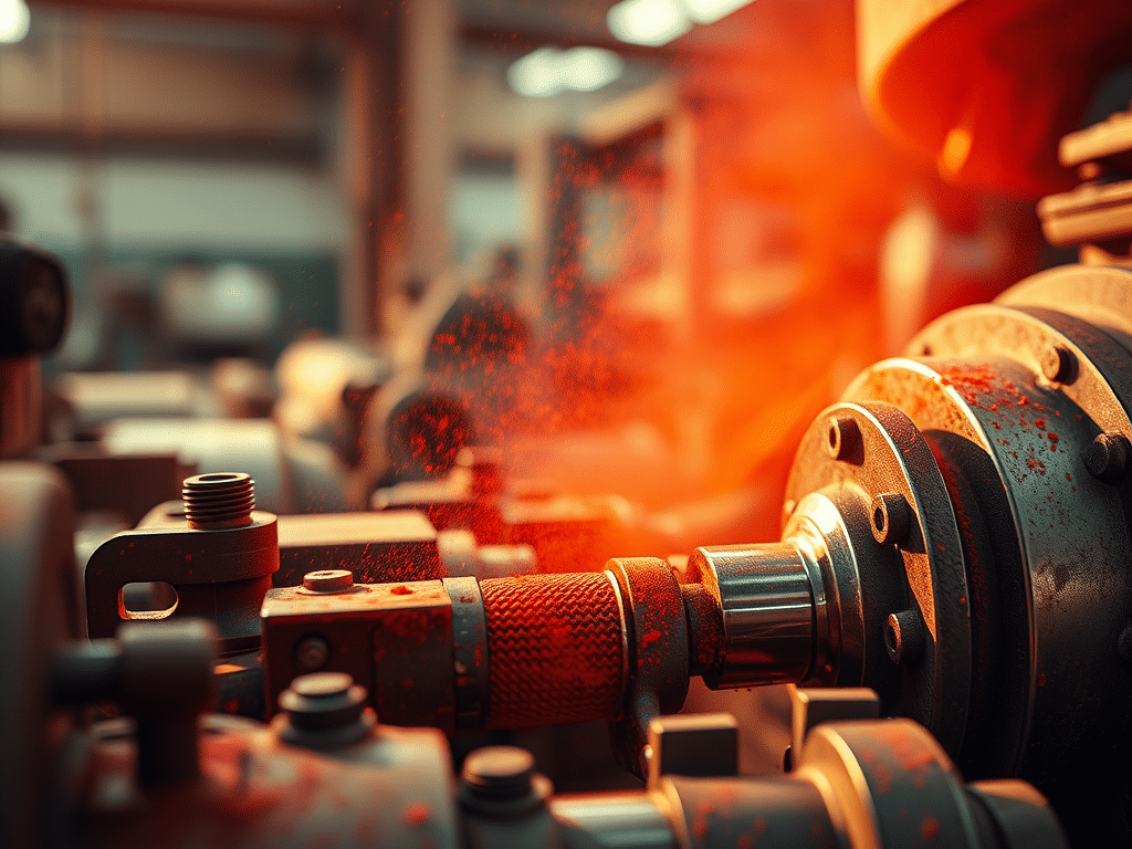 Close-up of industrial machinery part with red sparks flying around in a factory setting.