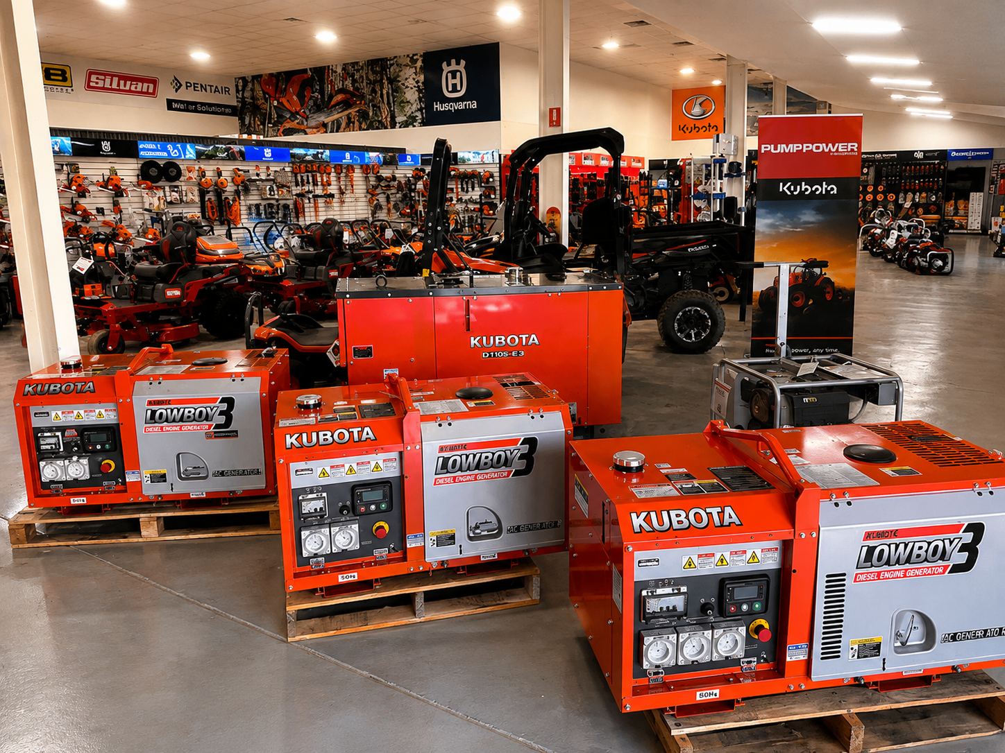 Blue Yamaha EF2800i inverter generator displayed on showroom floor with equipment in the background.