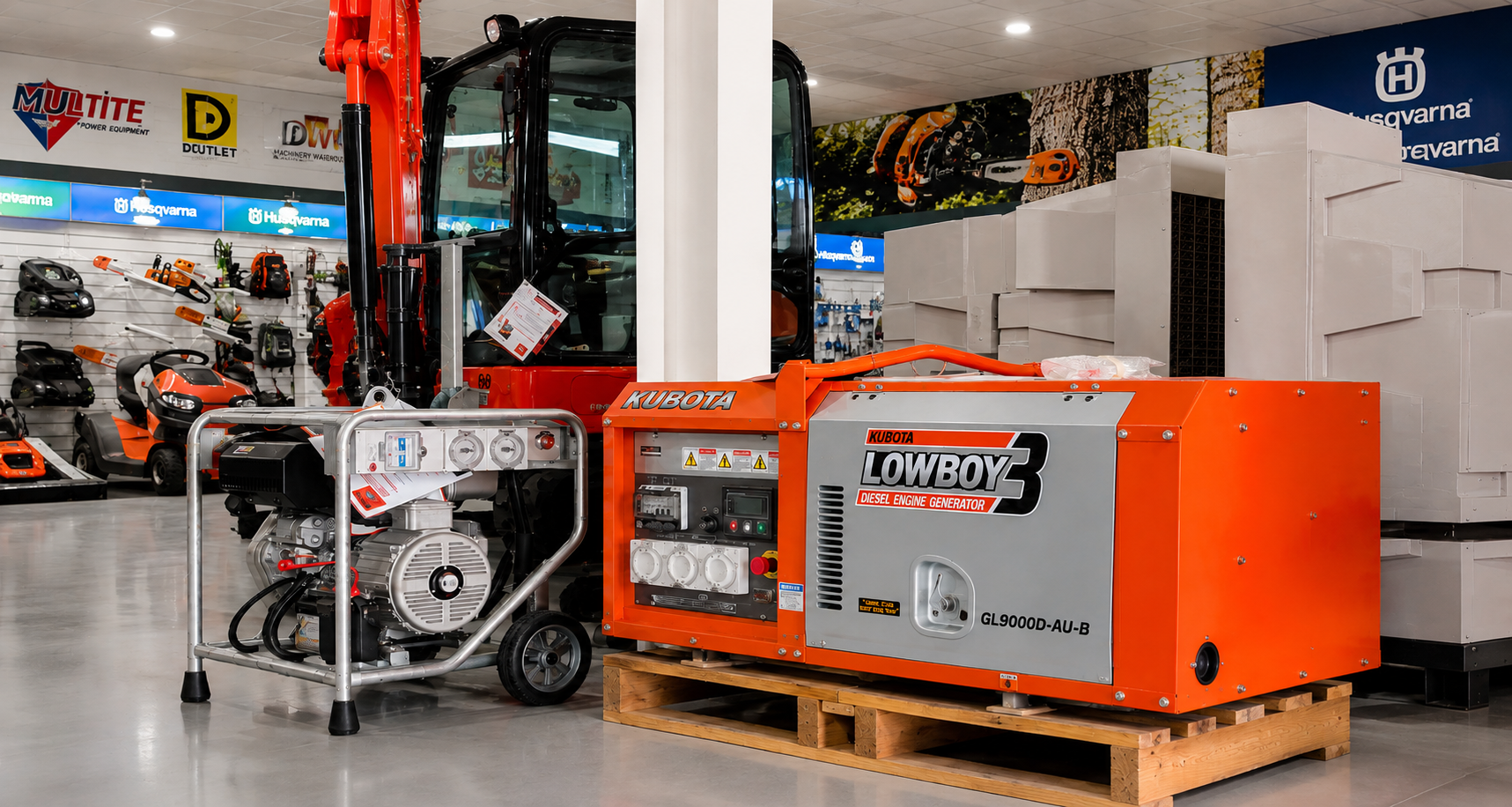 Large orange Kubota generator unit on an asphalt surface with city lights in the background at night.