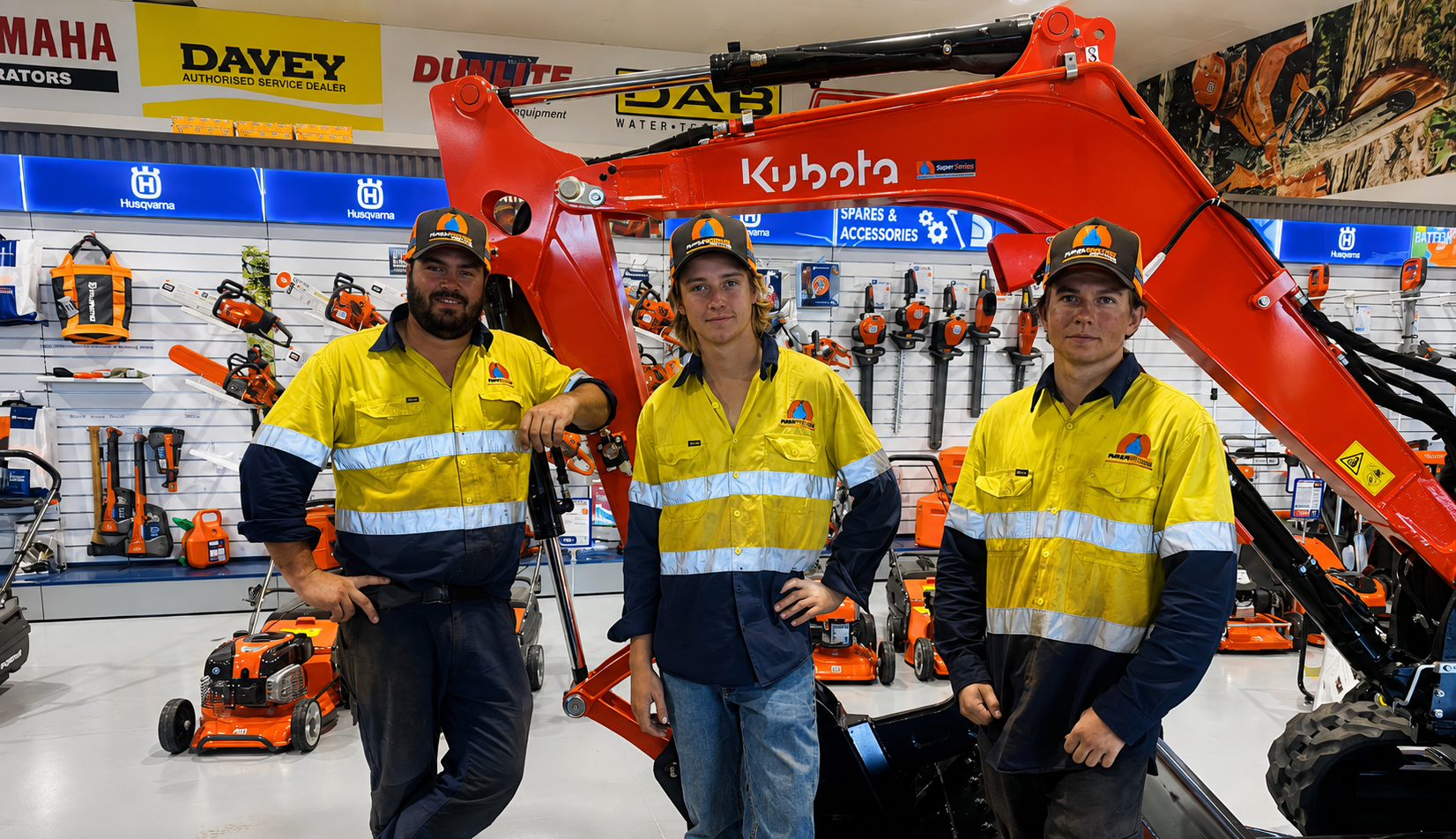 Three men in yellow reflective work shirts and hats posing in front of a red Kubota excavator.