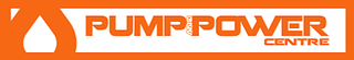 Pump Power Centre logo with stylized orange droplet icon and bold orange text.