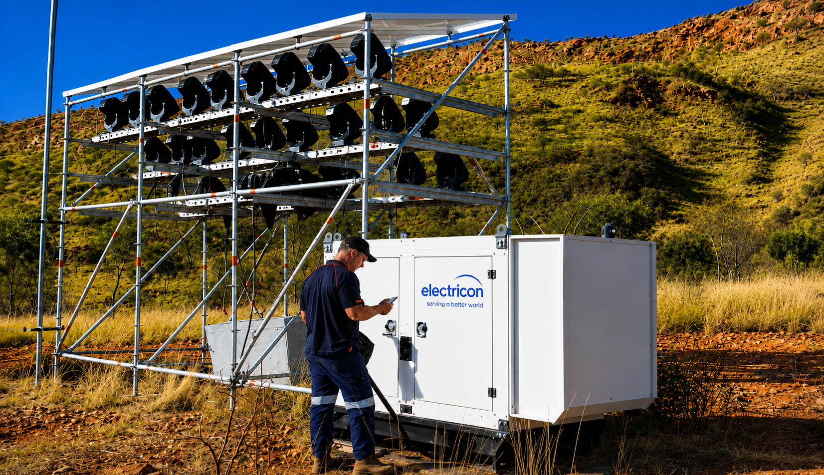 Technician checks device near Electricon generator with mounted fans in a dry, rocky outdoor setting.