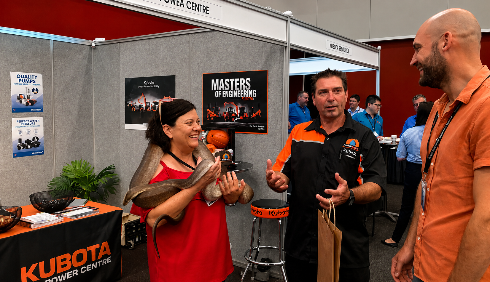 A woman holds a large snake around her shoulders while two men talk and smile at her at a booth.