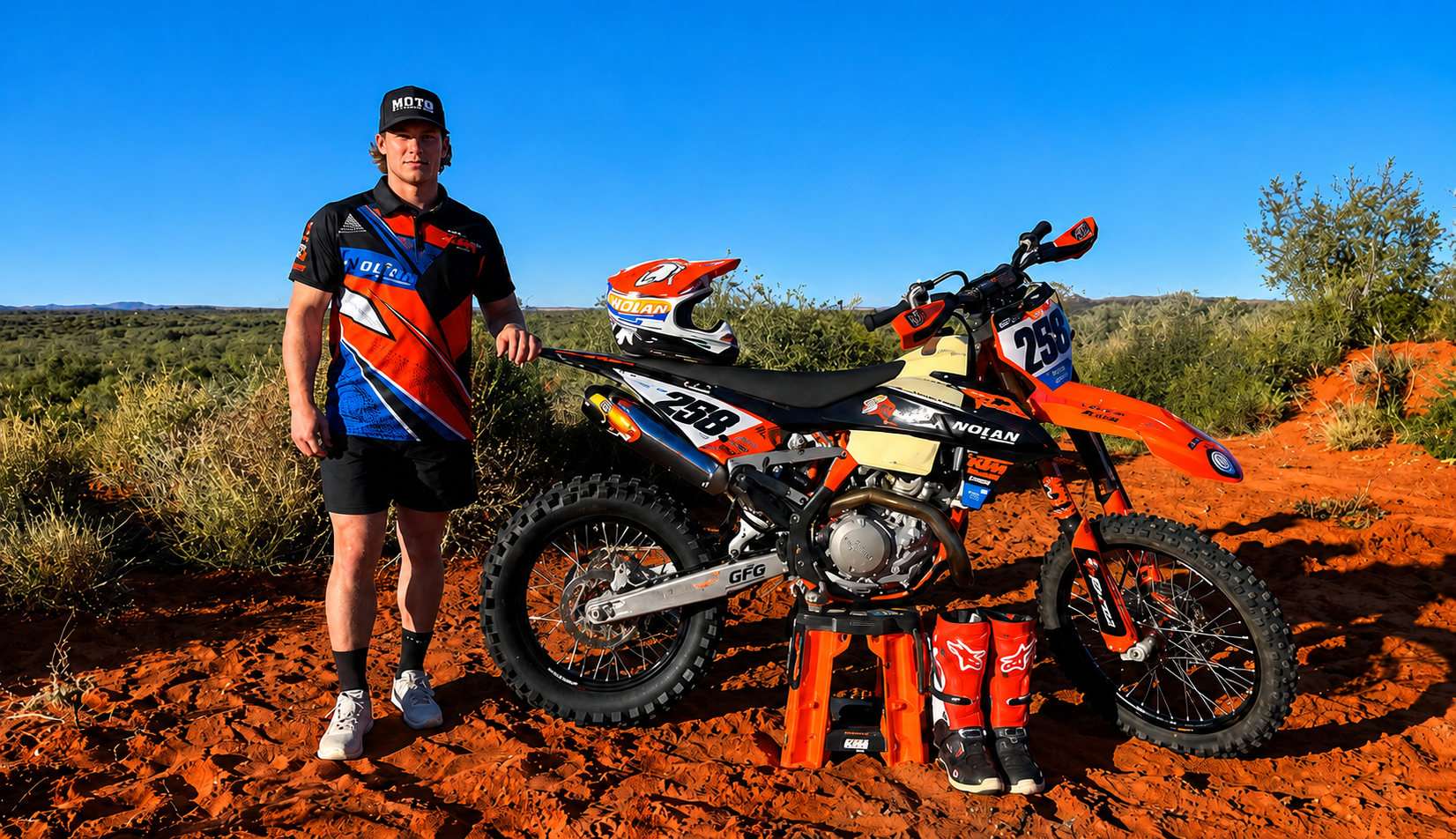Man in motocross gear standing beside orange dirt bike with helmet and boots on red dirt ground.