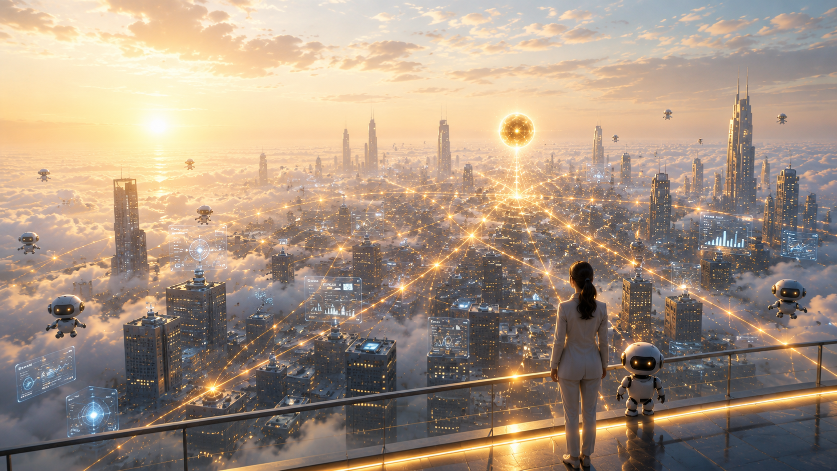 A connected enterprise city observed by a business leader and an AI companion as one autonomous action begins.