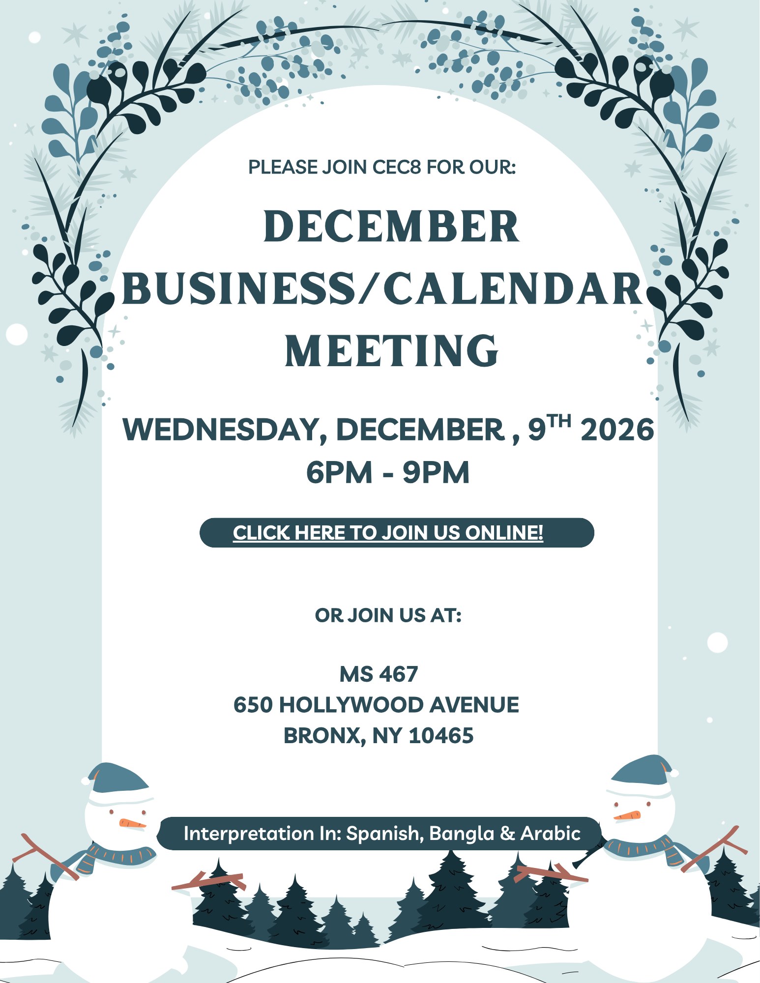 December Business/Calendar Meeting flyer