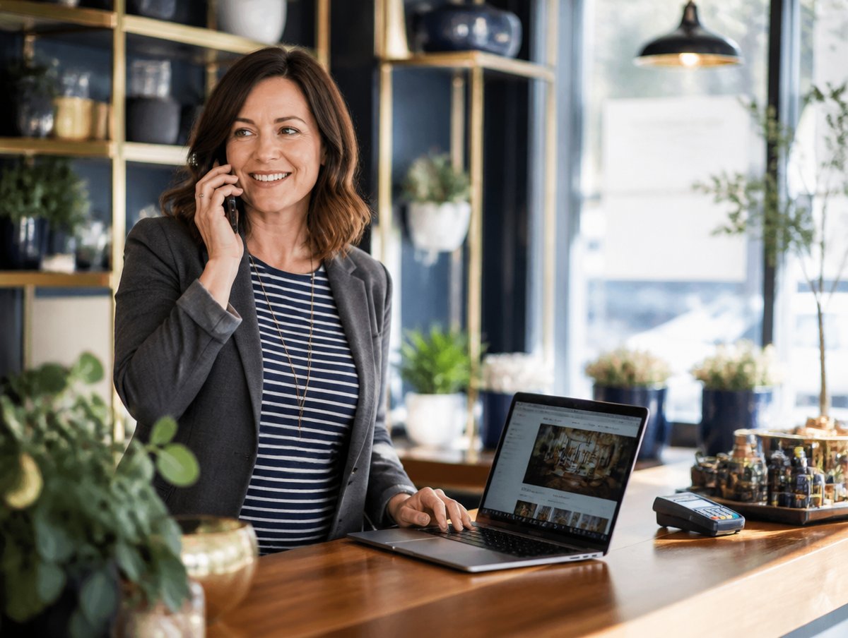 Small business owner answering a customer call at her front counter