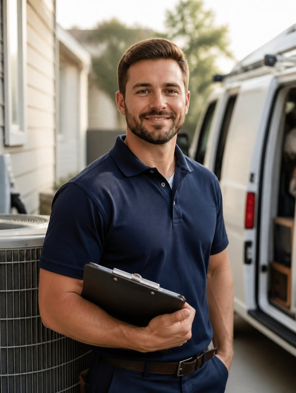 HVAC technician beside his service van