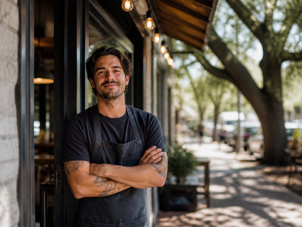 Austin small business owner in the doorway of his shop