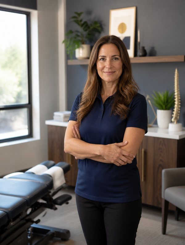 Chiropractor beside an adjustment table in her clinic