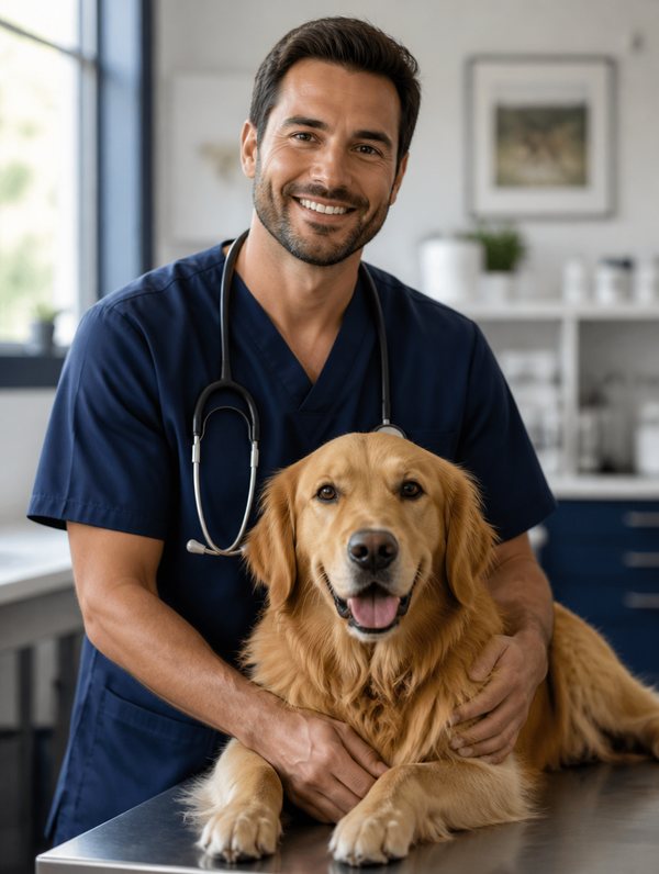 Veterinarian with a golden retriever on the exam table