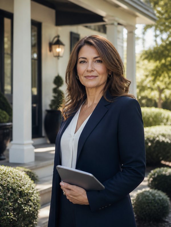 Real estate agent in front of a suburban home