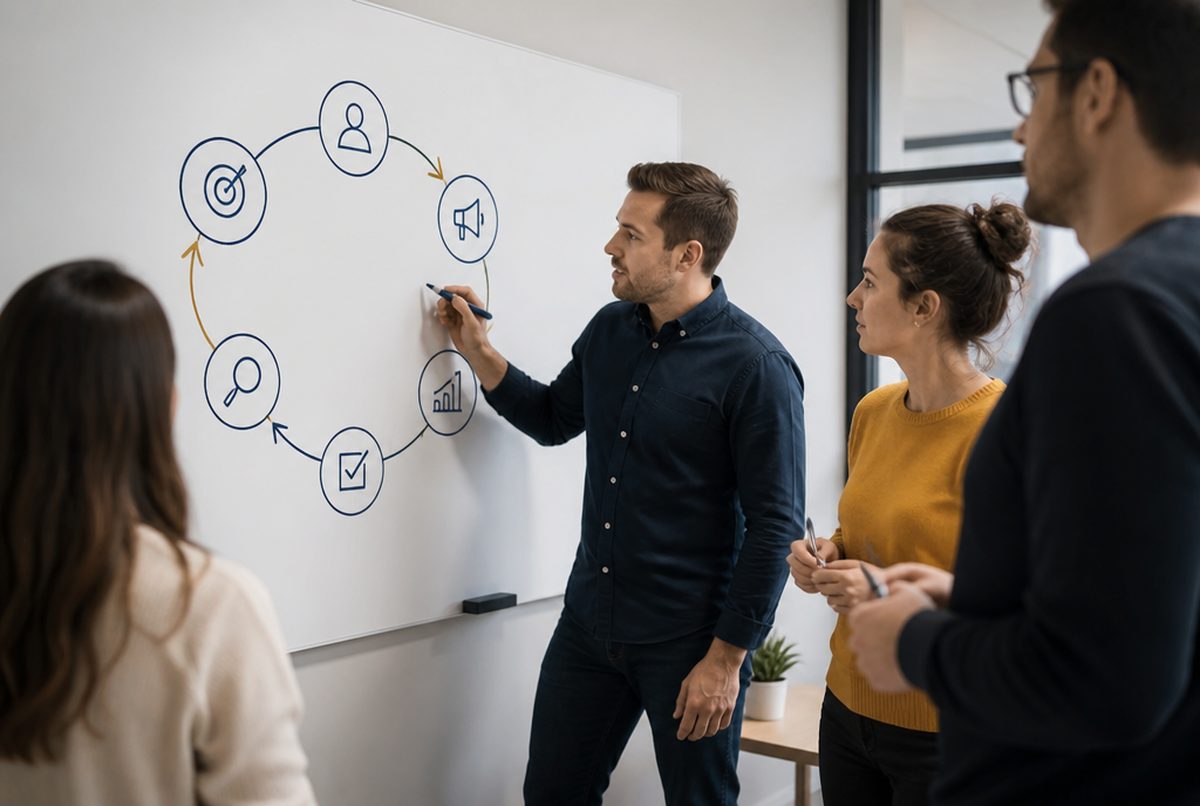 Team sketching a six-step LinkedIn flywheel on a whiteboard