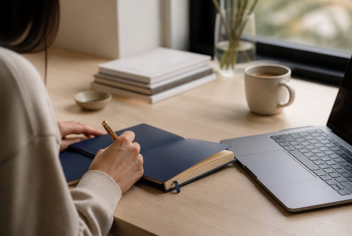 Writing a personal note by hand next to an open laptop
