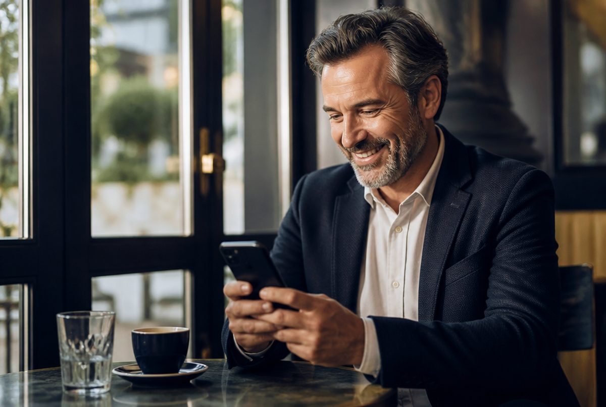 Business owner smiling while reading a LinkedIn message on his phone