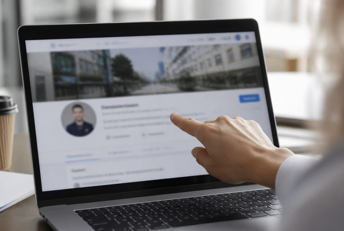 Laptop showing a LinkedIn profile with the headline area highlighted