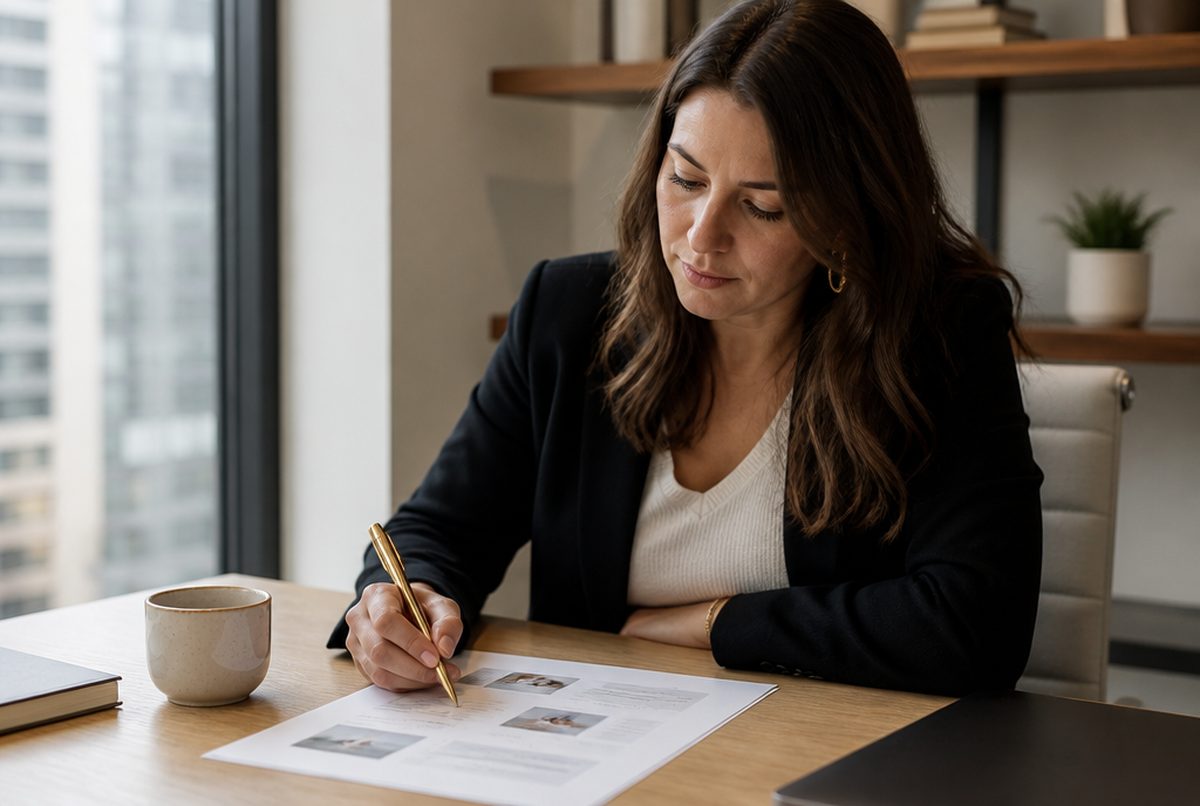 Marketing leader editing a printed LinkedIn headline draft with a gold pen