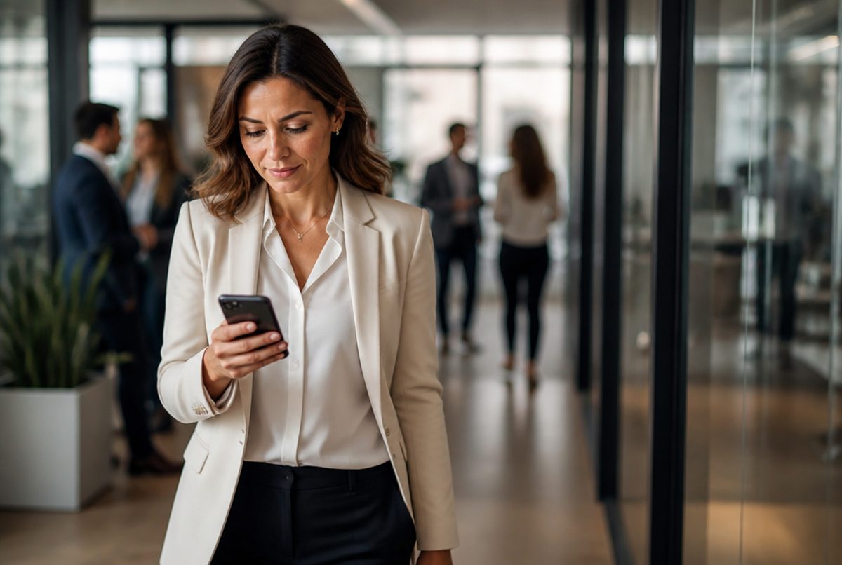 Executive reading her LinkedIn feed on her phone while walking through the office