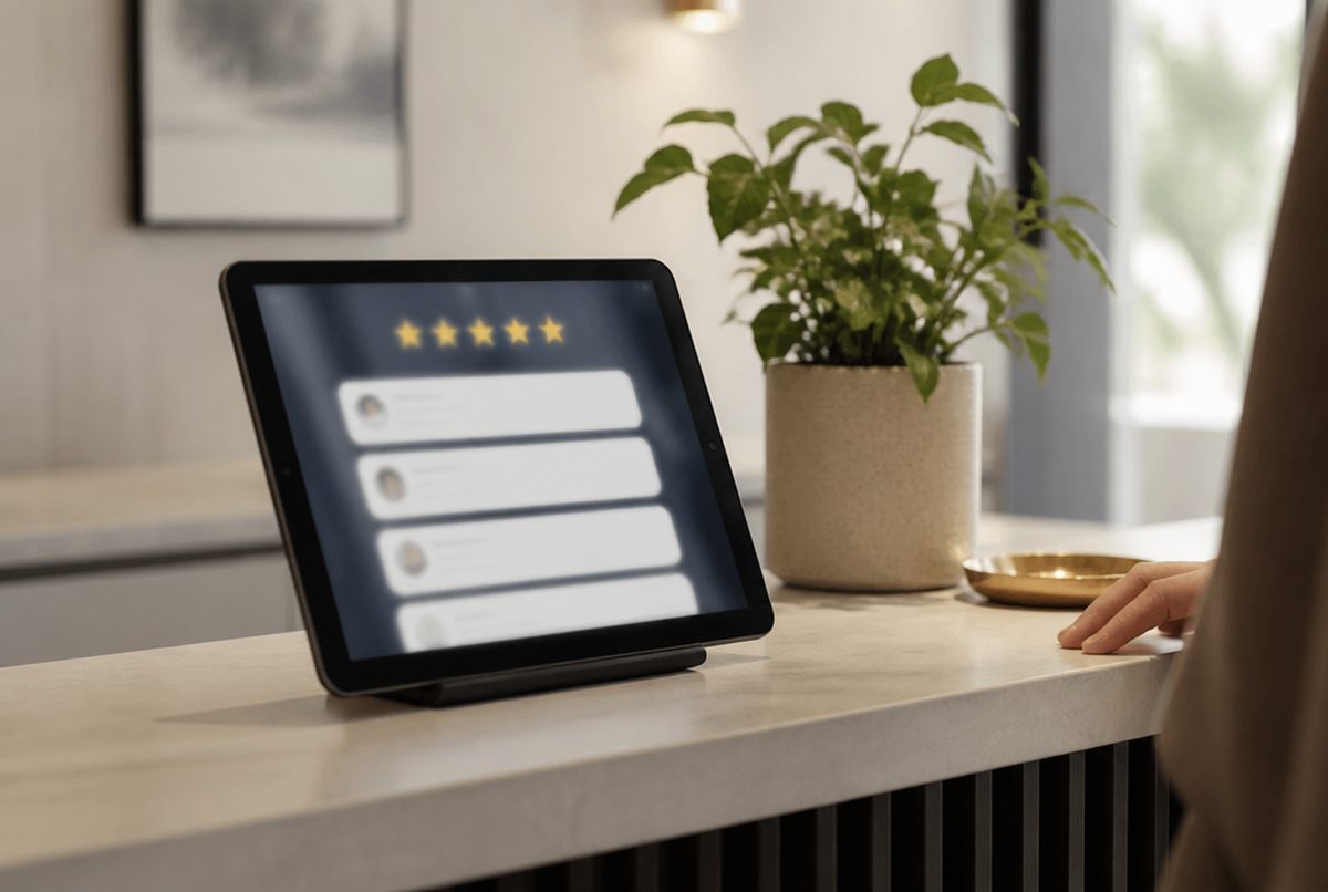 Tablet on a reception counter showing five-star customer reviews