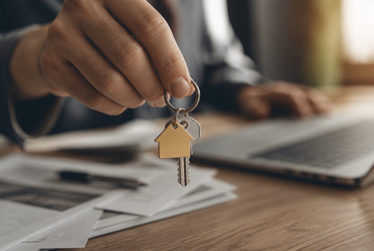 Hand holding a set of keys with a gold tag over a desk, symbolizing website ownership