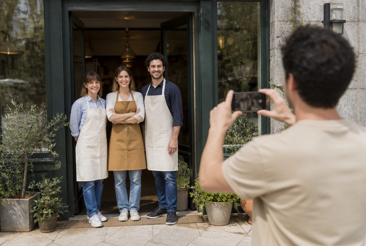 Shop owner photographing his storefront and team for a business profile