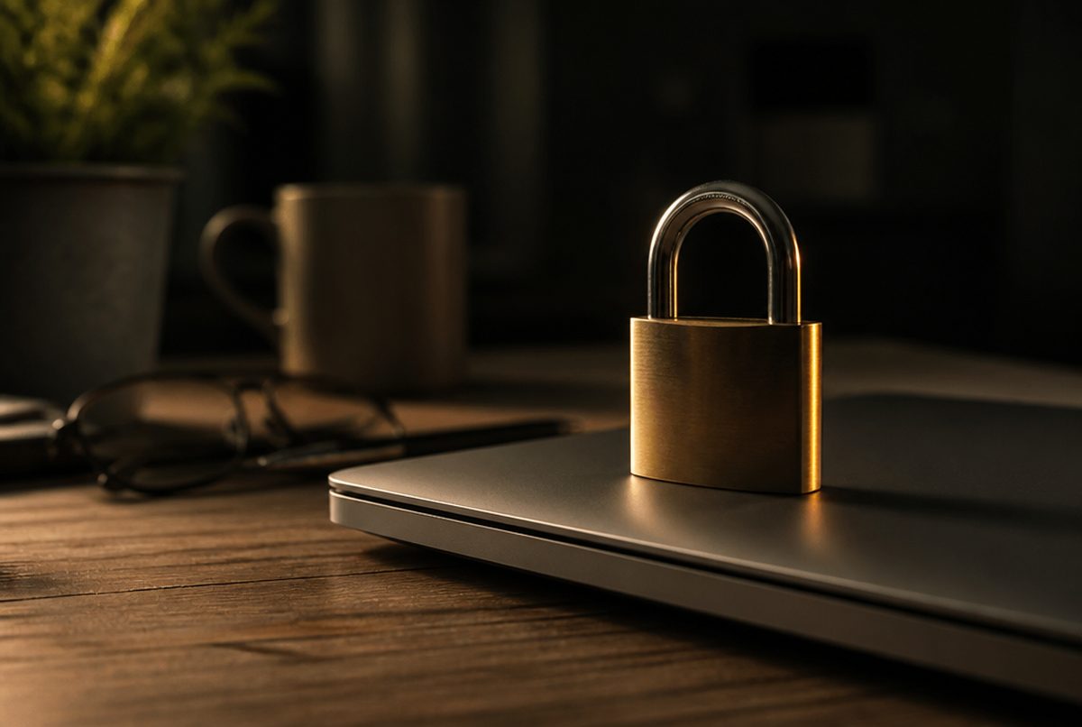Locked padlock resting on a closed laptop, symbolizing a locked-out website