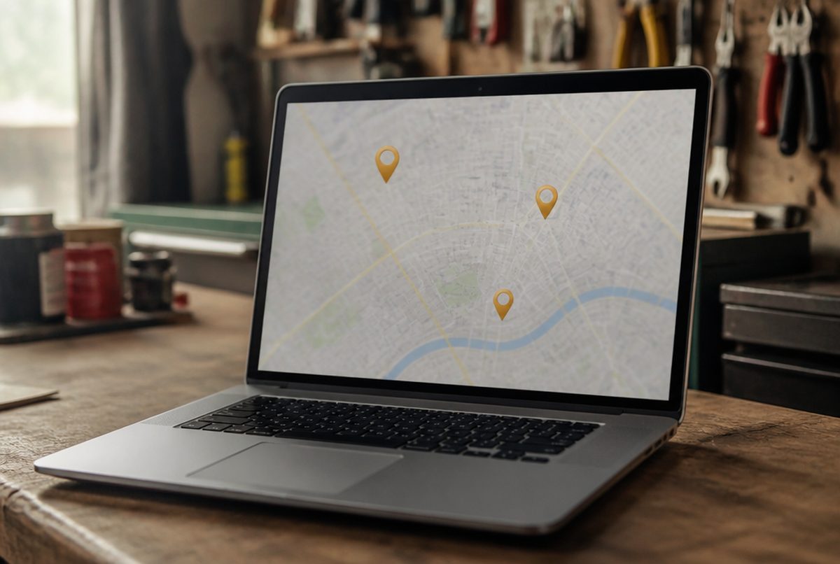 Laptop on a workshop bench showing a local map with three highlighted location pins