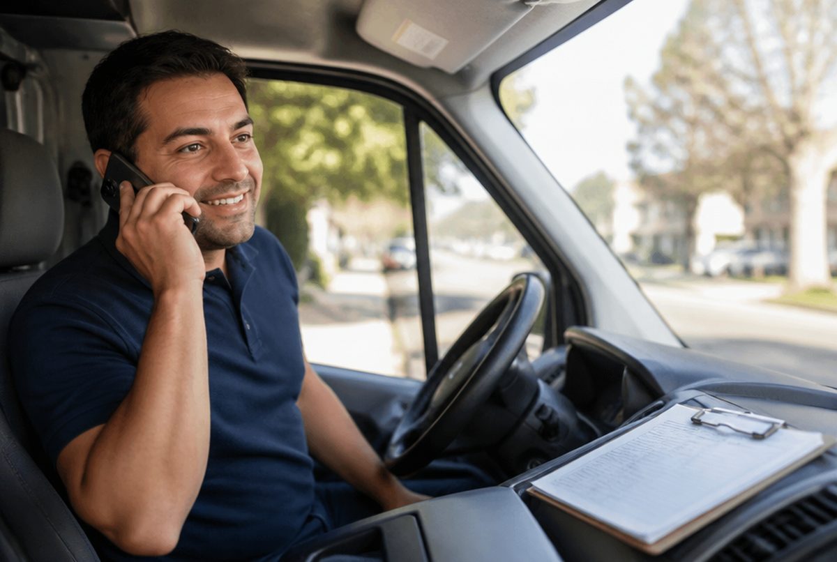 Service technician taking a customer call from the driver's seat of his work van
