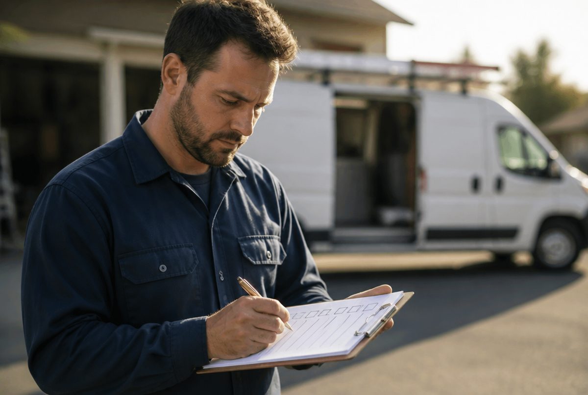 Contractor ticking through a checklist on a clipboard beside his work van