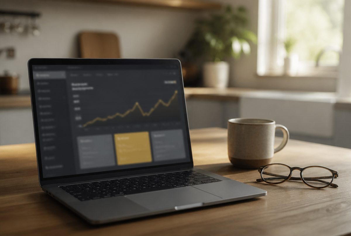Laptop on a kitchen table showing a Google Ads dashboard with a rising line chart