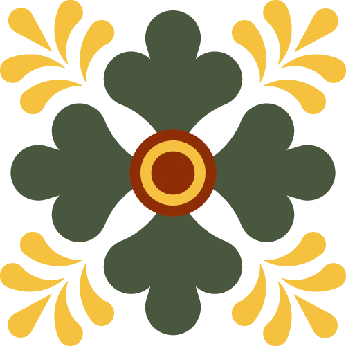 Symmetrical floral design with four dark green leaves and yellow decorative splashes in each corner.
