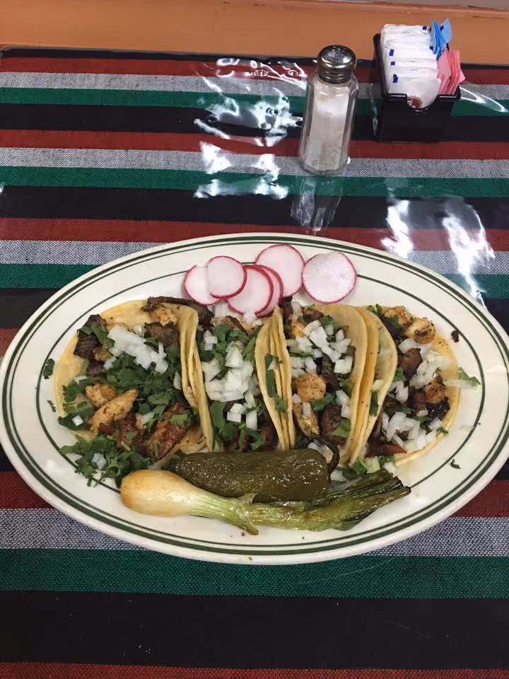 Four tacos with meat, onions, and cilantro on a plate with radish slices, grilled pepper, and green onions.