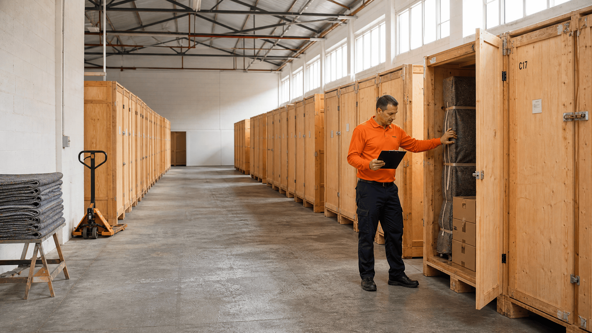 Mann im Lager überprüft Inventar in einem offenen Holzcontainer mit Kartons und eingewickelten Gegenständen.